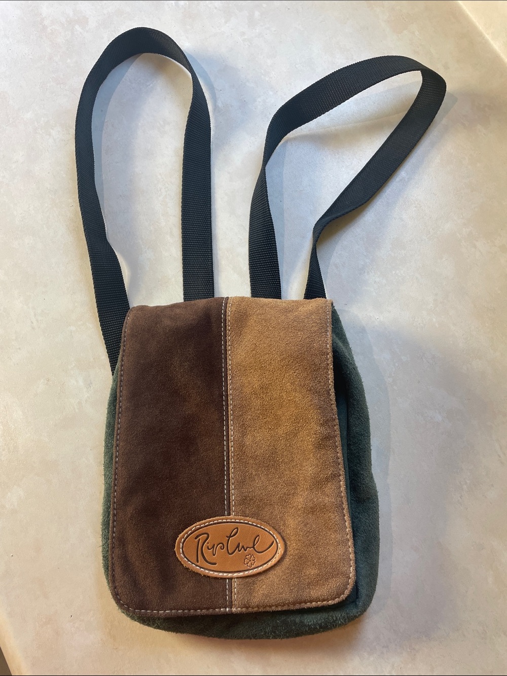Rip Curl Small Suede Messenger Bag in Brown, Tan and Green